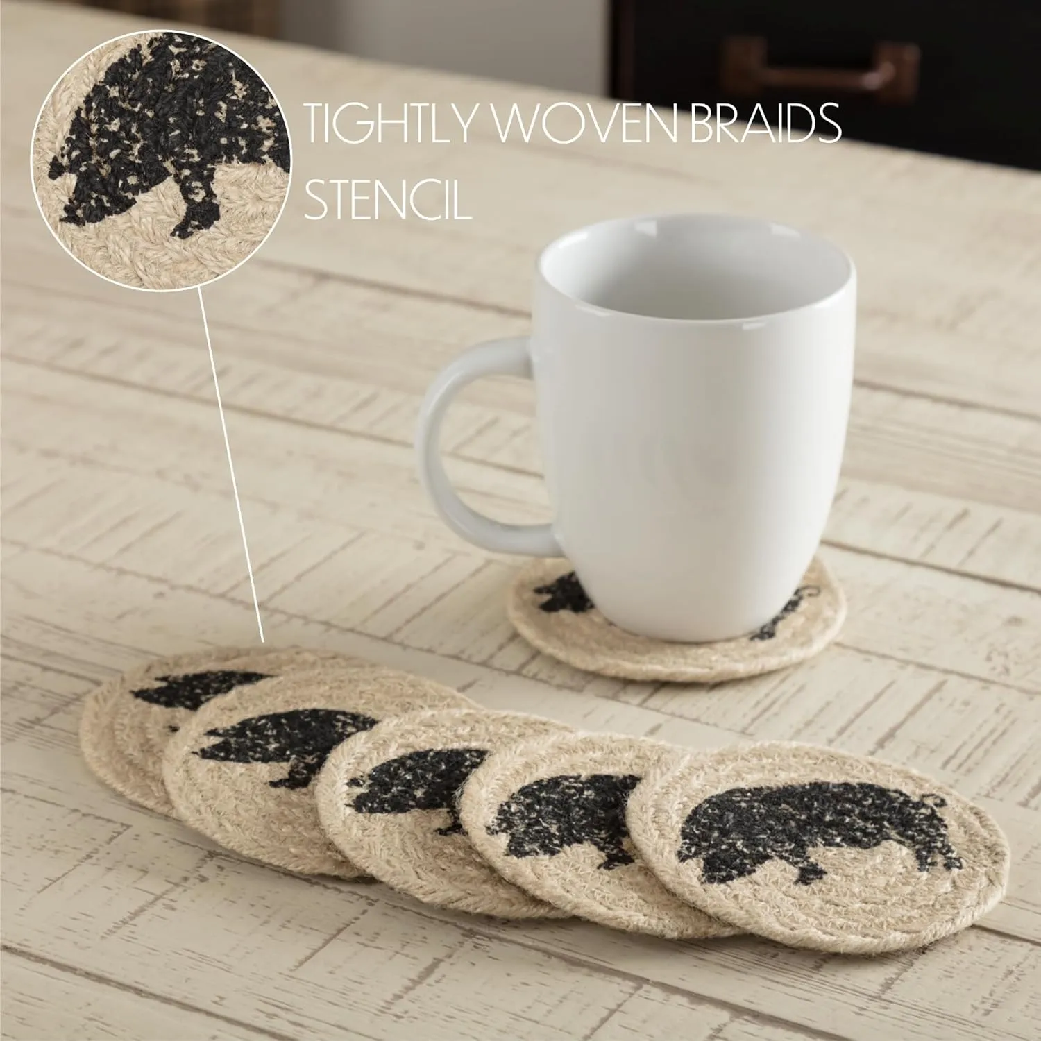 VHC Brands Sawyer Mill Charcoal Table Décor, Coaster Set, Pig