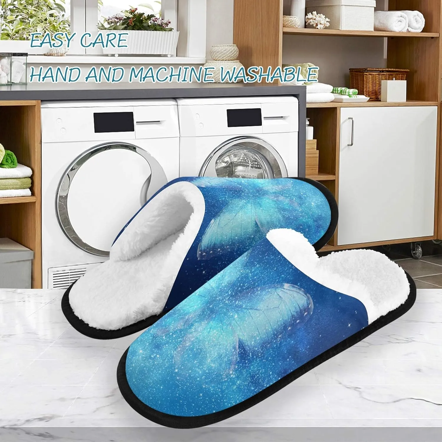 visesunny Cozy Fuzzy Plush Fleece Slippers for Women Men Blue Butterfly Magic Galaxy Soft Memory Foam Ladies House Shoes Warm Bedroom Flat Shoe Indoor Outdoor