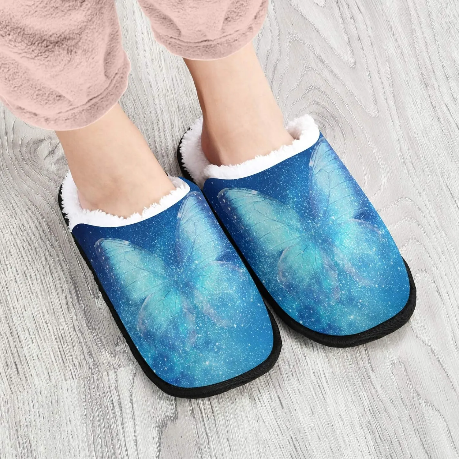 visesunny Cozy Fuzzy Plush Fleece Slippers for Women Men Blue Butterfly Magic Galaxy Soft Memory Foam Ladies House Shoes Warm Bedroom Flat Shoe Indoor Outdoor