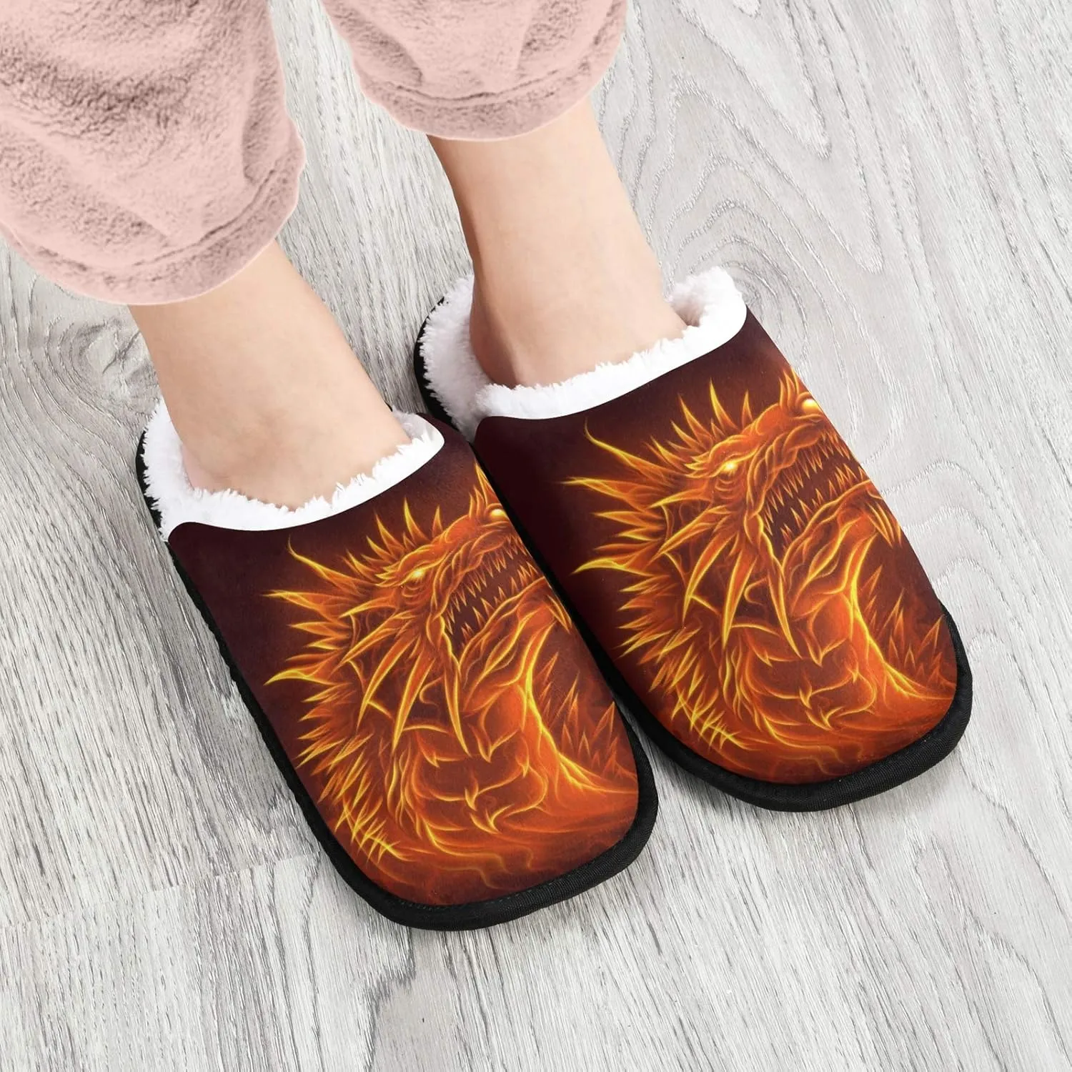 visesunny Women's Cozy Fuzzy Plush Fleece Slippers Fire Dragon Black Soft Memory Foam Ladies House Shoes Warm Bedroom Flat Shoe Anti-Slip Indoor Outdoor