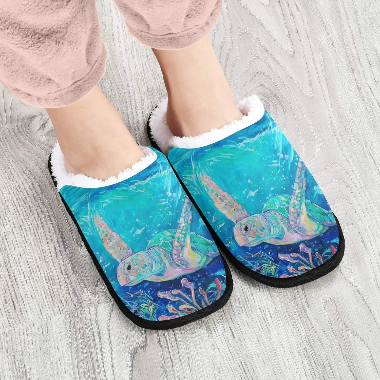 visesunny Women's Cozy Fuzzy Plush Fleece Slippers Ocean Sea Turtle Soft Memory Foam Ladies House Shoes Warm Bedroom Flat Shoe Anti-Slip Indoor Outdoor