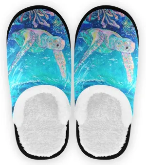 visesunny Women's Cozy Fuzzy Plush Fleece Slippers Ocean Sea Turtle Soft Memory Foam Ladies House Shoes Warm Bedroom Flat Shoe Anti-Slip Indoor Outdoor