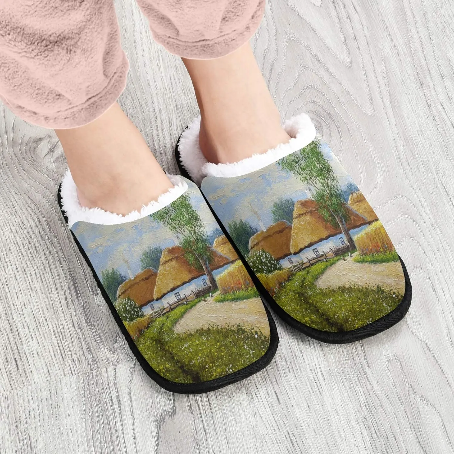 visesunny Women's Cozy Fuzzy Plush Fleece Slippers Old Village Soft Memory Foam Ladies House Shoes Warm Bedroom Flat Shoe Anti-Slip Indoor Outdoor