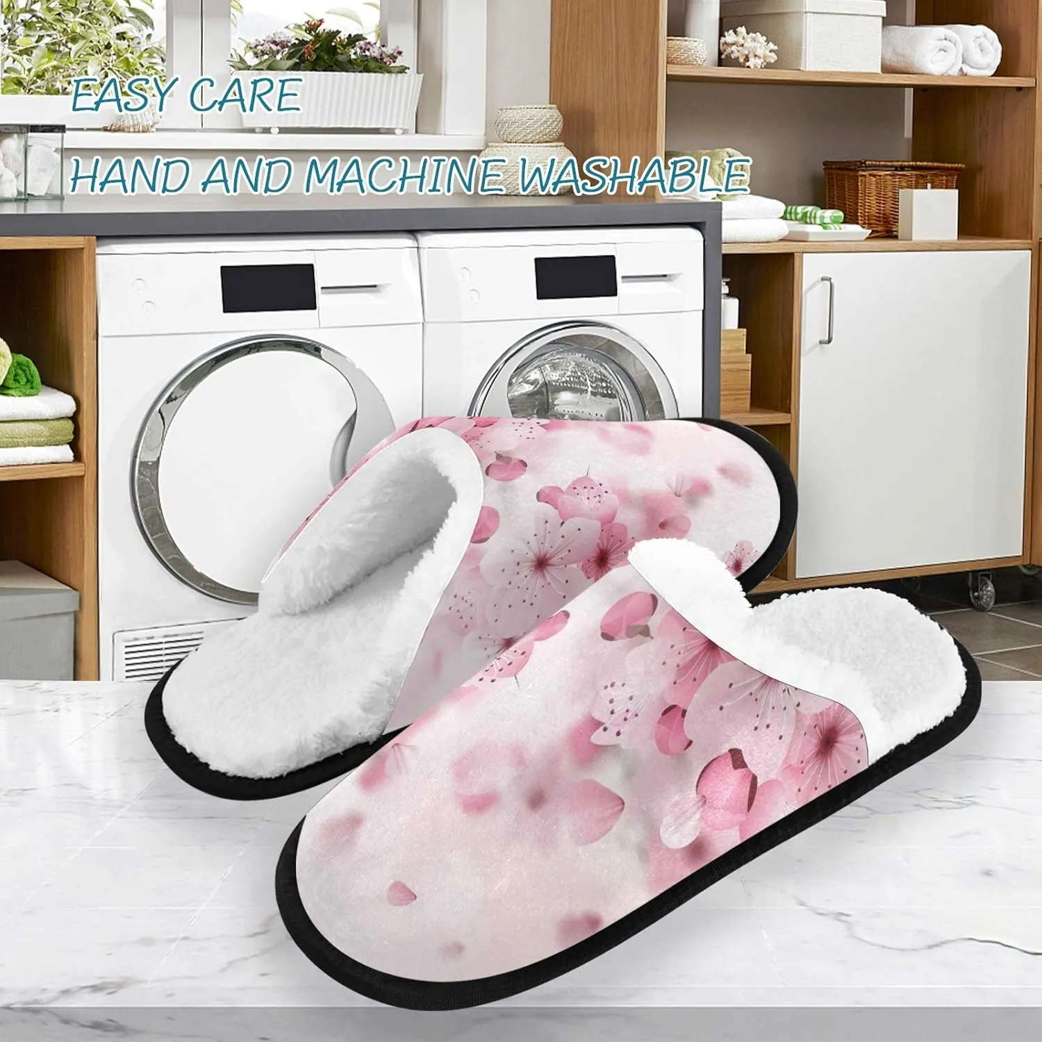 visesunny Women's Cozy Fuzzy Plush Fleece Slippers Pink Cherry Blossom Soft Memory Foam Ladies House Shoes Warm Bedroom Flat Shoe Anti-Slip Indoor Outdoor