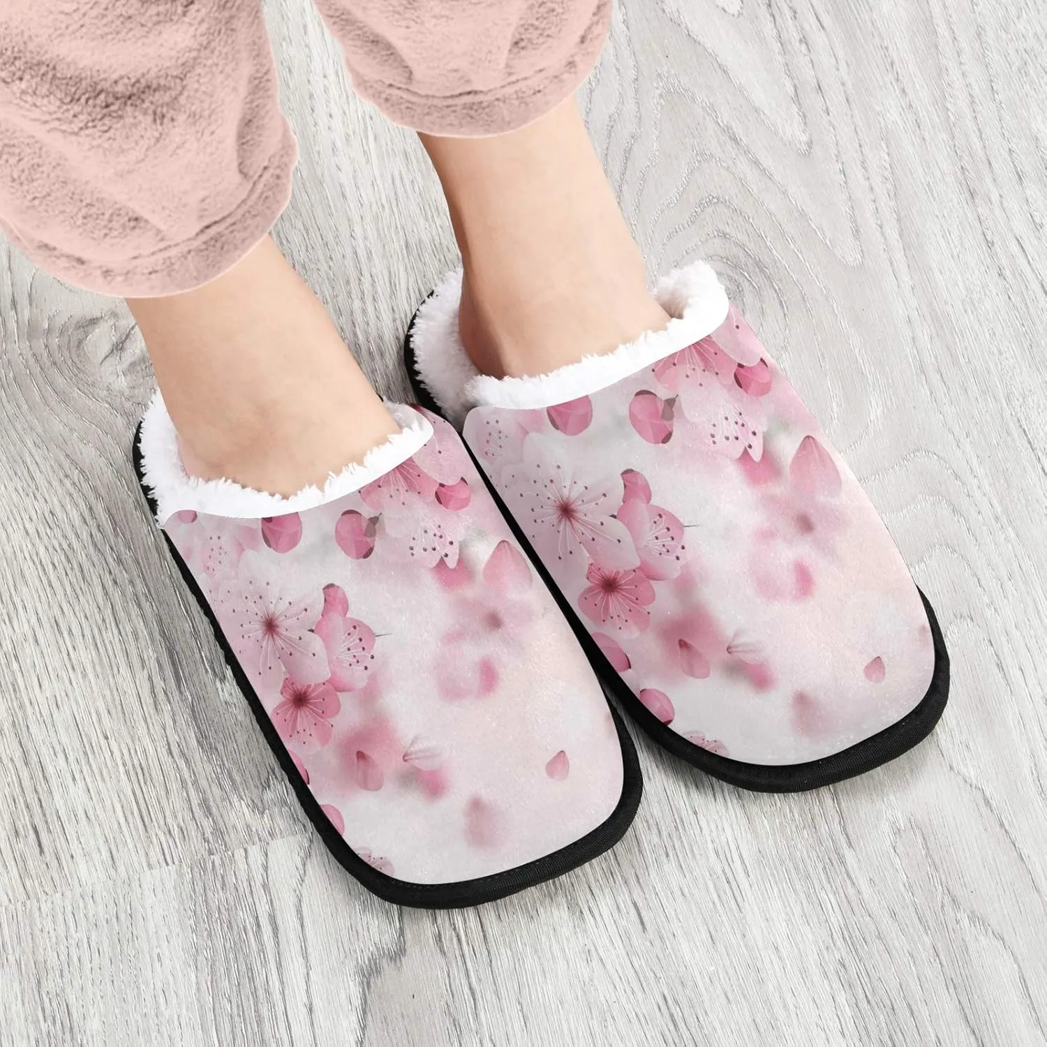 visesunny Women's Cozy Fuzzy Plush Fleece Slippers Pink Cherry Blossom Soft Memory Foam Ladies House Shoes Warm Bedroom Flat Shoe Anti-Slip Indoor Outdoor
