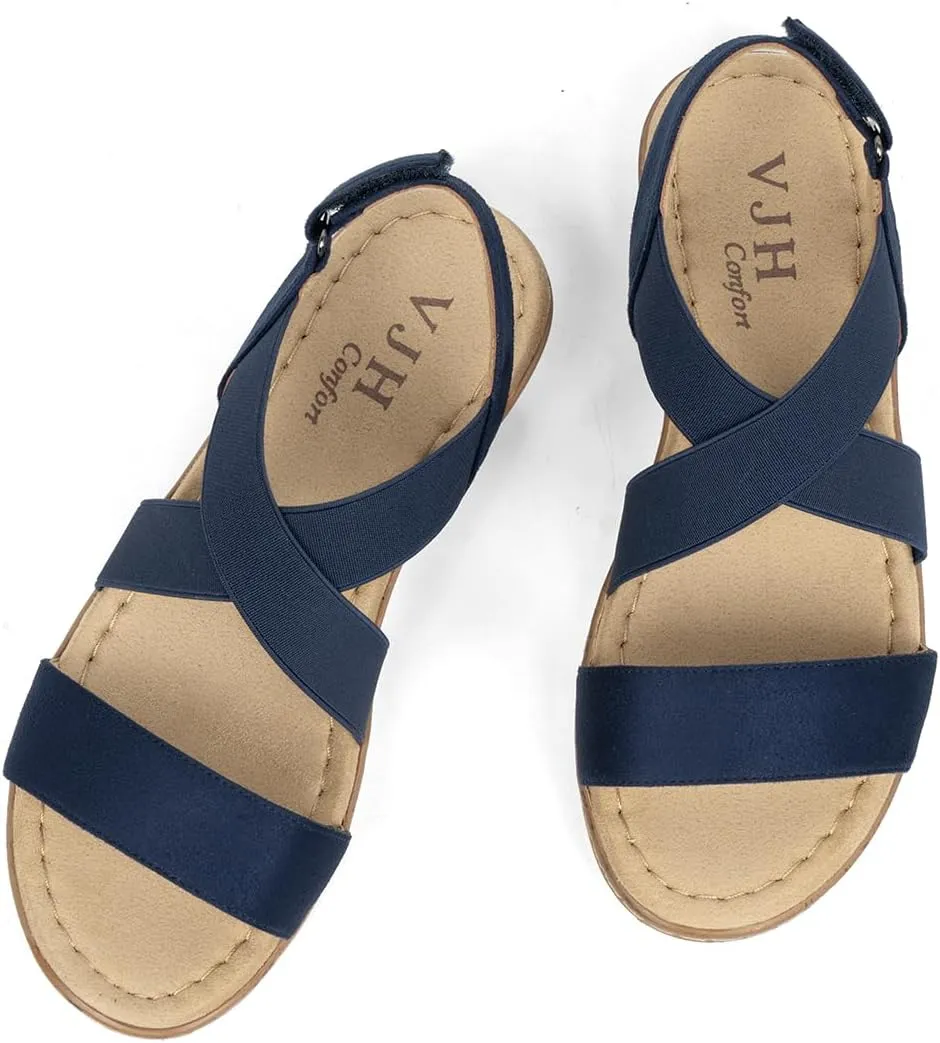 VJH confort Women's Flat sandals, Comfort Slip-on Elastic ankle strap Slingback Light Weight Casual Walking Sandals
