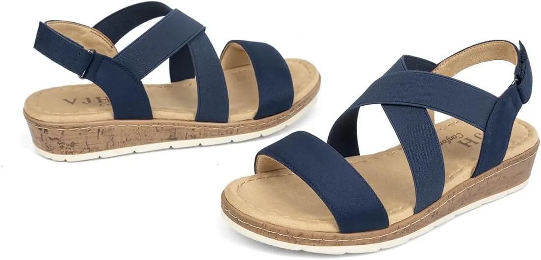 VJH confort Women's Flat sandals, Comfort Slip-on Elastic ankle strap Slingback Light Weight Casual Walking Sandals