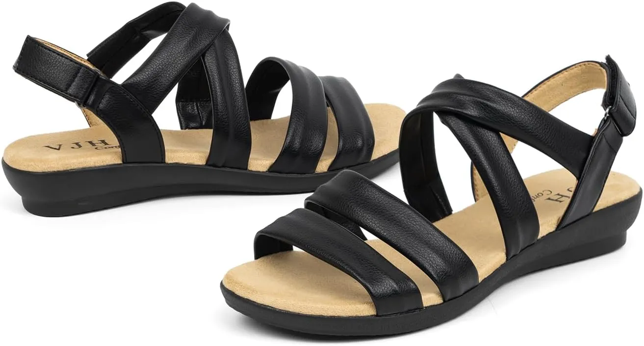 VJH confort Women’s Flat Sandals, Soft Straps Slip-on Open Toe Light Weight Elastic Slingback Comfort Casual Walking Sandals