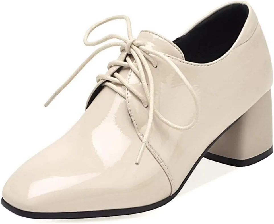 VOKLIN Women's Square Toe Lace Up Pump Oxford Patent Leather Chunky Mid Block Heel Western Dress Loafer Shoes