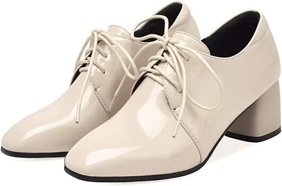 VOKLIN Women's Square Toe Lace Up Pump Oxford Patent Leather Chunky Mid Block Heel Western Dress Loafer Shoes