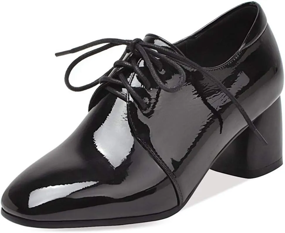 VOKLIN Women's Square Toe Lace Up Pump Oxford Patent Leather Chunky Mid Block Heel Western Dress Loafer Shoes