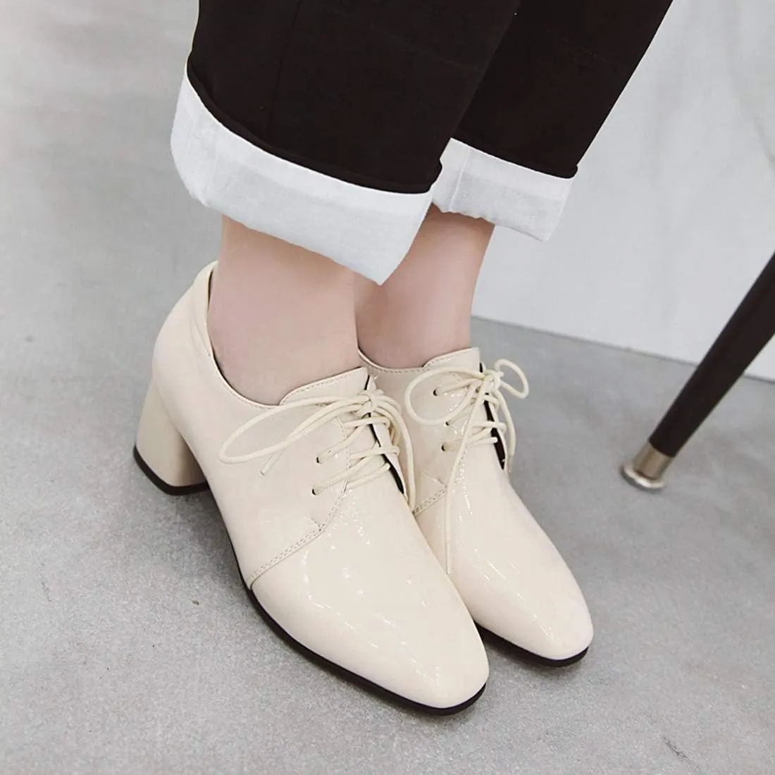 VOKLIN Women's Square Toe Lace Up Pump Oxford Patent Leather Chunky Mid Block Heel Western Dress Loafer Shoes