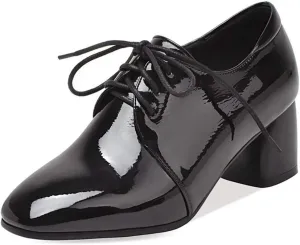 VOKLIN Women's Square Toe Lace Up Pump Oxford Patent Leather Chunky Mid Block Heel Western Dress Loafer Shoes