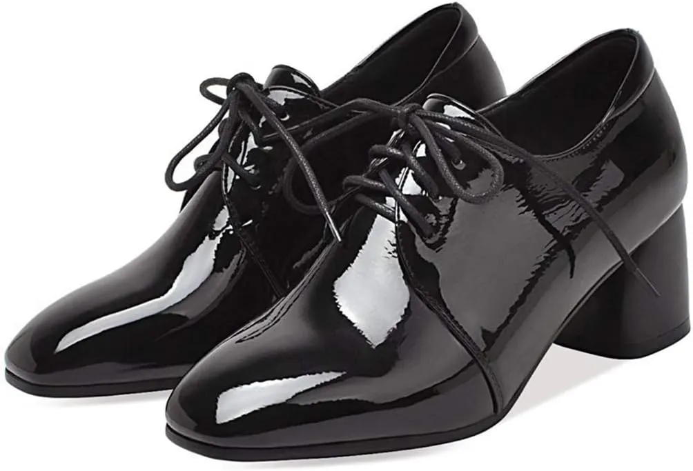 VOKLIN Women's Square Toe Lace Up Pump Oxford Patent Leather Chunky Mid Block Heel Western Dress Loafer Shoes