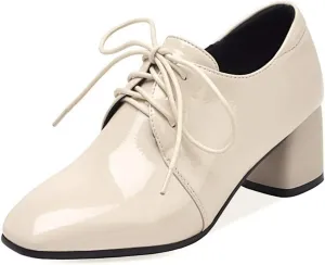 VOKLIN Women's Square Toe Lace Up Pump Oxford Patent Leather Chunky Mid Block Heel Western Dress Loafer Shoes