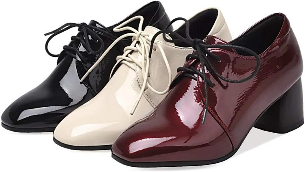 VOKLIN Women's Square Toe Lace Up Pump Oxford Patent Leather Chunky Mid Block Heel Western Dress Loafer Shoes