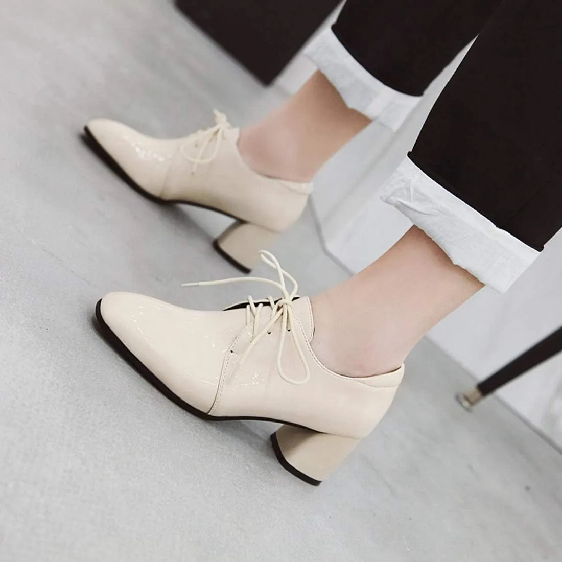 VOKLIN Women's Square Toe Lace Up Pump Oxford Patent Leather Chunky Mid Block Heel Western Dress Loafer Shoes