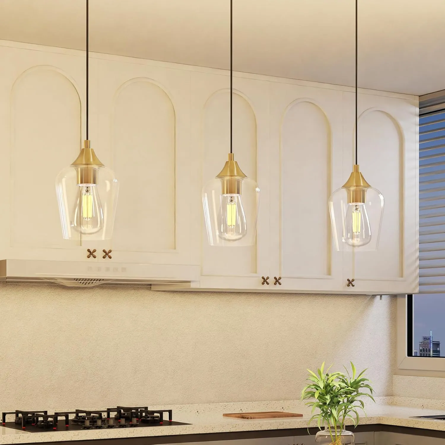 VONLUCE Pendant Lights Kitchen Island, Brushed Gold Pendant Light Fixtures with E26 Base & Adjustable Cable, Modern Pendant Lighting with Glass Shade for Living Room Bedroom Hallway, 3 Packs