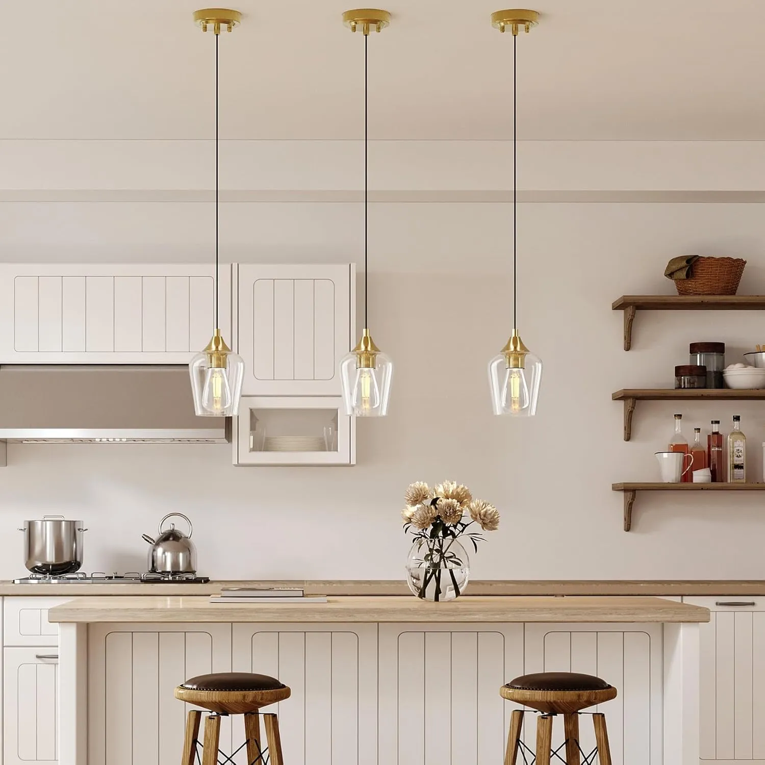 VONLUCE Pendant Lights Kitchen Island, Brushed Gold Pendant Light Fixtures with E26 Base & Adjustable Cable, Modern Pendant Lighting with Glass Shade for Living Room Bedroom Hallway, 3 Packs