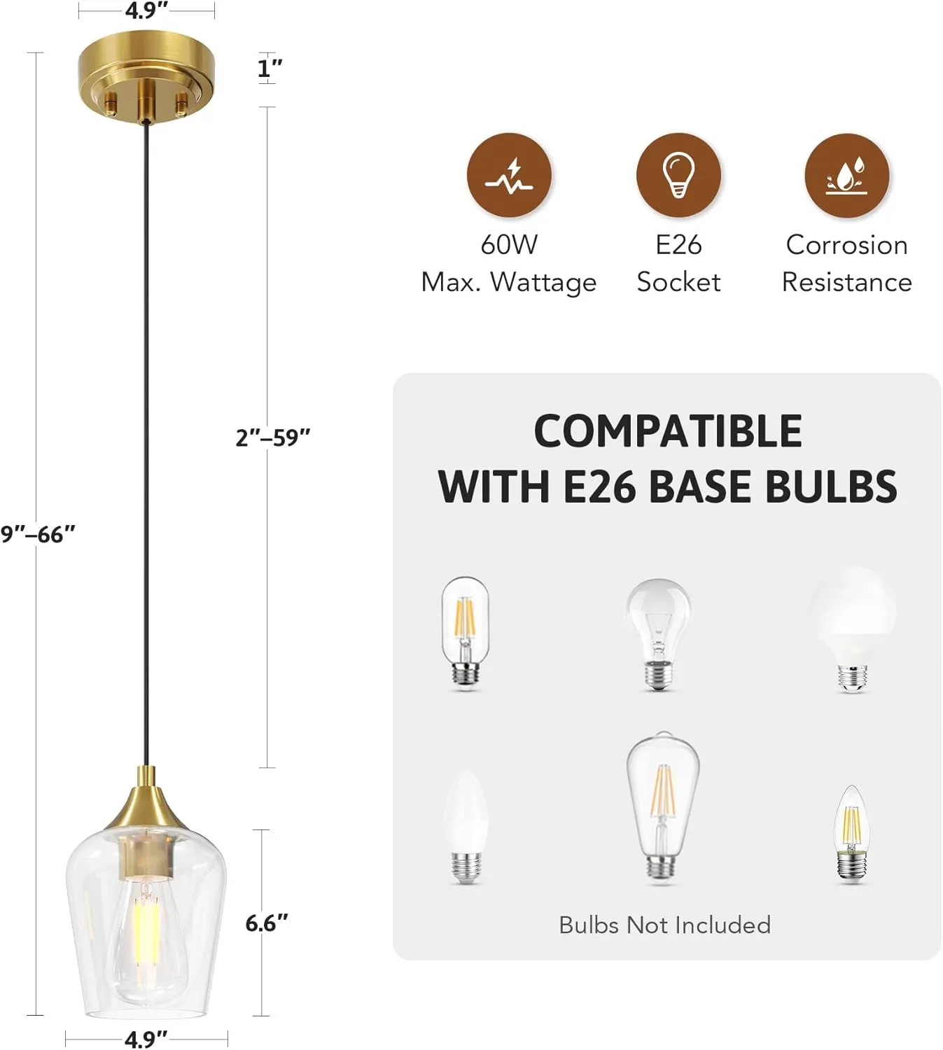 VONLUCE Pendant Lights Kitchen Island, Brushed Gold Pendant Light Fixtures with E26 Base & Adjustable Cable, Modern Pendant Lighting with Glass Shade for Living Room Bedroom Hallway, 3 Packs
