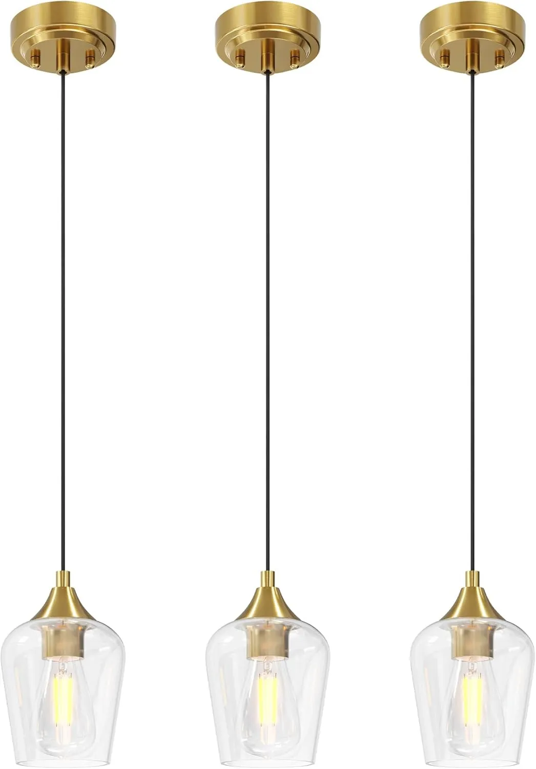 VONLUCE Pendant Lights Kitchen Island, Brushed Gold Pendant Light Fixtures with E26 Base & Adjustable Cable, Modern Pendant Lighting with Glass Shade for Living Room Bedroom Hallway, 3 Packs