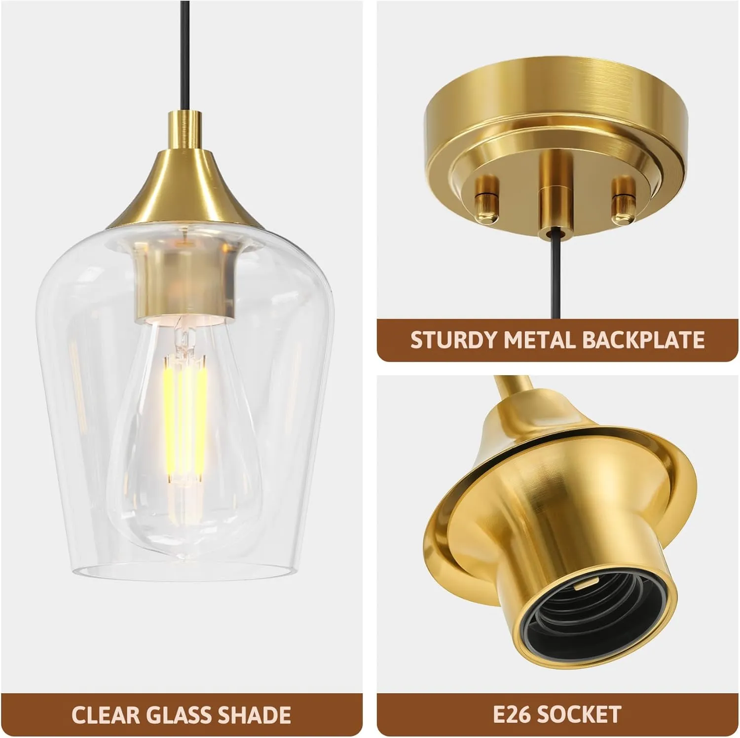 VONLUCE Pendant Lights Kitchen Island, Brushed Gold Pendant Light Fixtures with E26 Base & Adjustable Cable, Modern Pendant Lighting with Glass Shade for Living Room Bedroom Hallway, 3 Packs