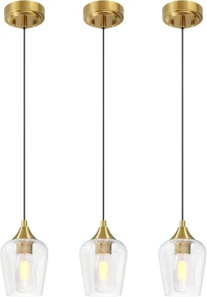 VONLUCE Pendant Lights Kitchen Island, Brushed Gold Pendant Light Fixtures with E26 Base & Adjustable Cable, Modern Pendant Lighting with Glass Shade for Living Room Bedroom Hallway, 3 Packs