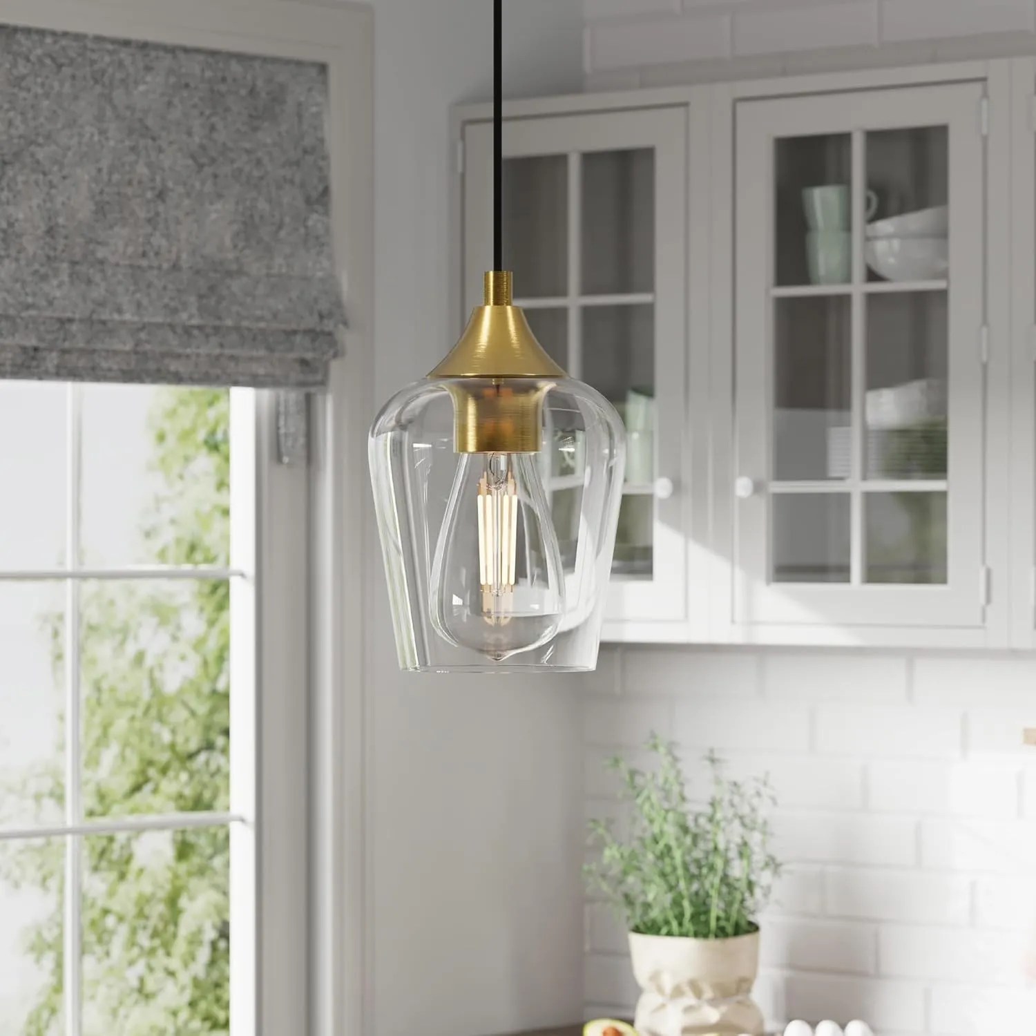 VONLUCE Pendant Lights Kitchen Island, Brushed Gold Pendant Light Fixtures with E26 Base & Adjustable Cable, Modern Pendant Lighting with Glass Shade for Living Room Bedroom Hallway, 3 Packs