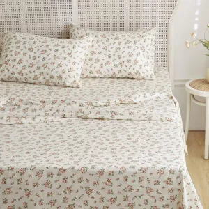 Wake In Cloud - Shabby Chic Bed Sheets, 4-Piece Sheet Set, Floral Flower Rose Pattern Printed Coquette Cottagecore Vintage Aesthetic Bedding, Deep Pocket, Light Beige, Twin Size