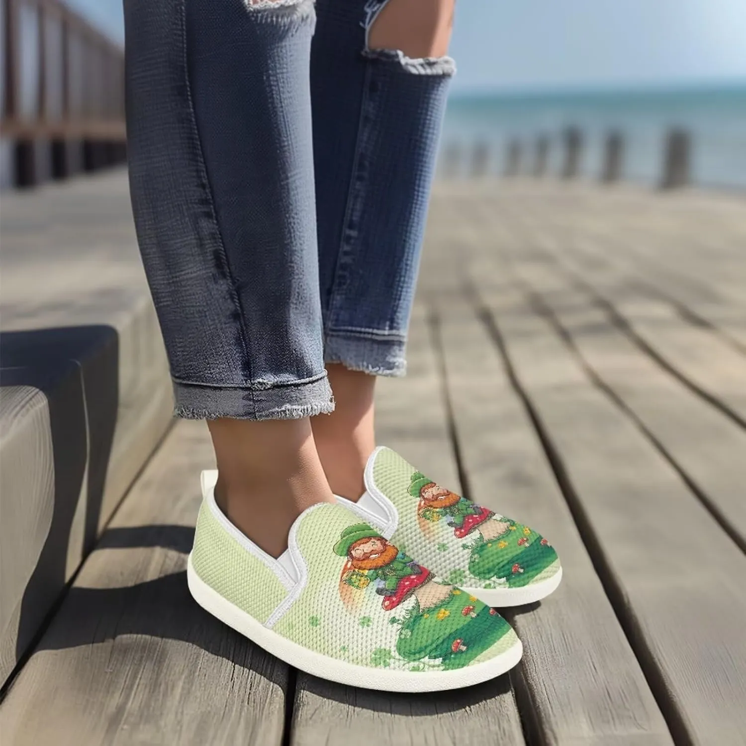 Walking Shoes Slip On Stylish Sneakers Casual Flat Mesh Comfort Loafers Workout Running Green Shamrocks Theme Patrick‘s Holiday