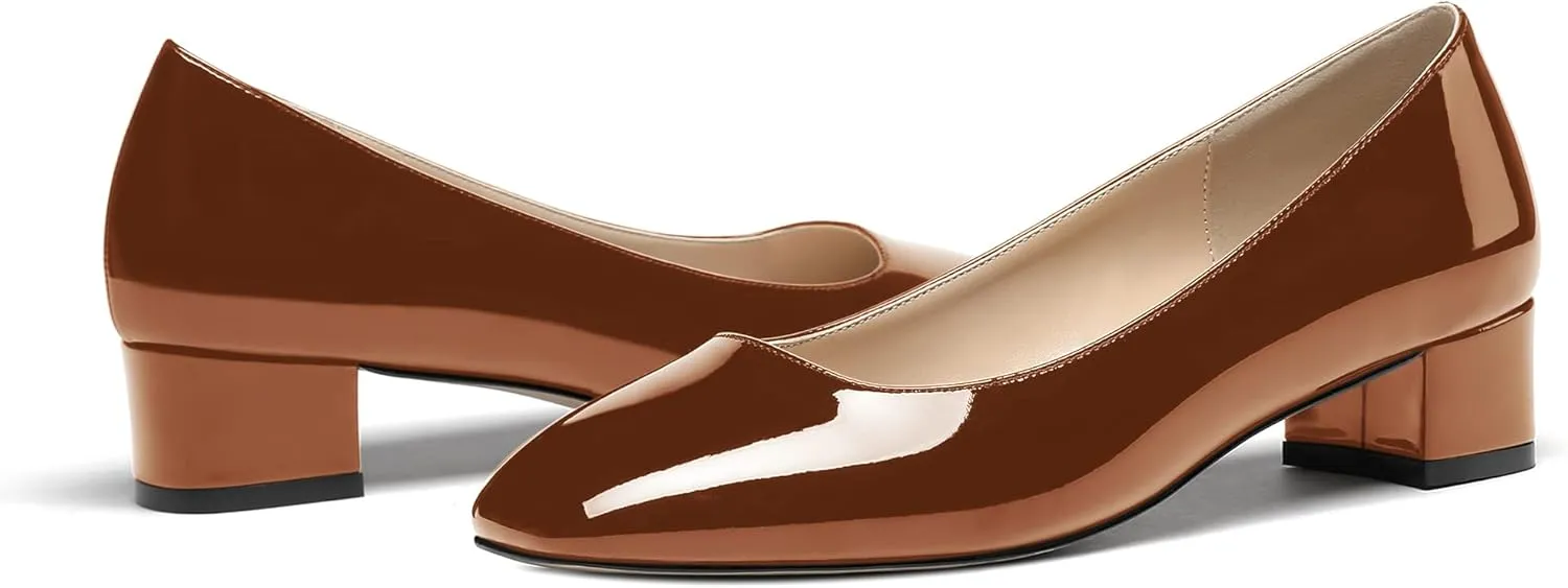 WAYDERNS Women's Square Toe Slip On Patent Chunky Low Heel Pumps Shoes 1.5 Inch