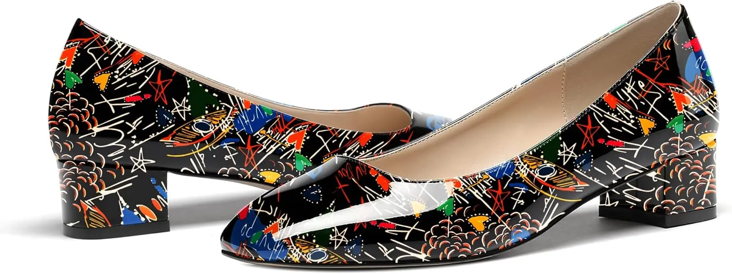 WAYDERNS Women's Square Toe Slip On Patent Chunky Low Heel Pumps Shoes 1.5 Inch