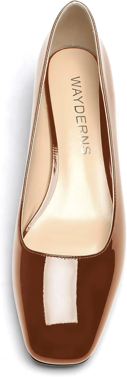 WAYDERNS Women's Square Toe Slip On Patent Chunky Low Heel Pumps Shoes 1.5 Inch