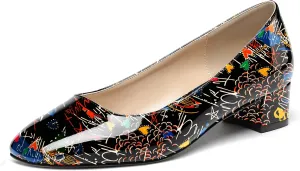 WAYDERNS Women's Square Toe Slip On Patent Chunky Low Heel Pumps Shoes 1.5 Inch