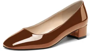 WAYDERNS Women's Square Toe Slip On Patent Chunky Low Heel Pumps Shoes 1.5 Inch