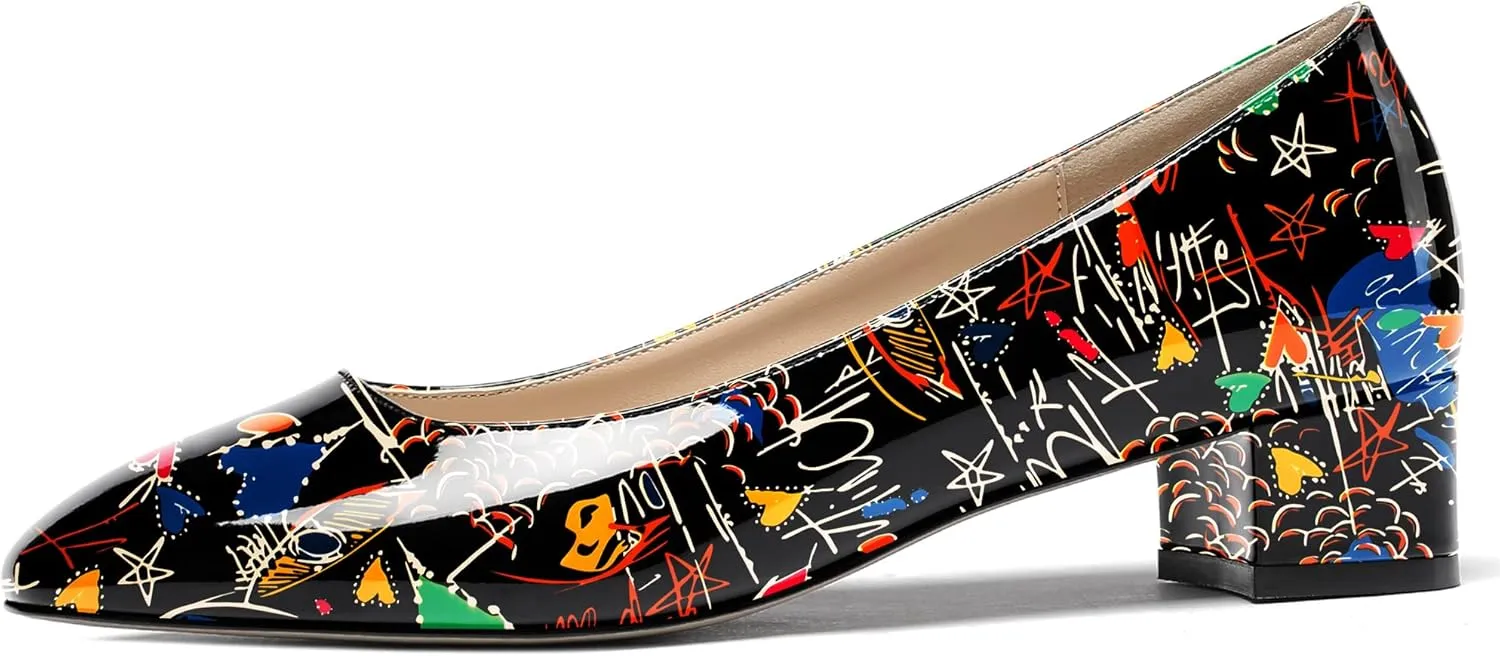 WAYDERNS Women's Square Toe Slip On Patent Chunky Low Heel Pumps Shoes 1.5 Inch