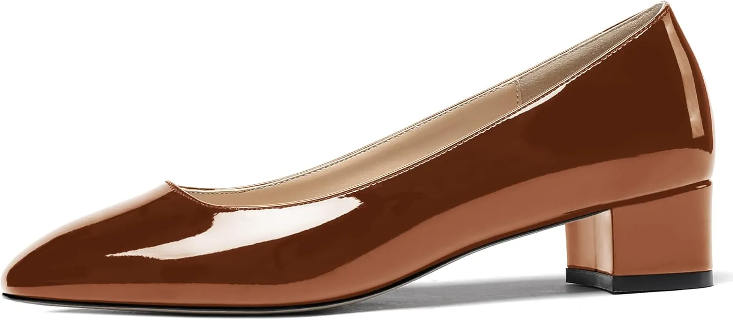 WAYDERNS Women's Square Toe Slip On Patent Chunky Low Heel Pumps Shoes 1.5 Inch