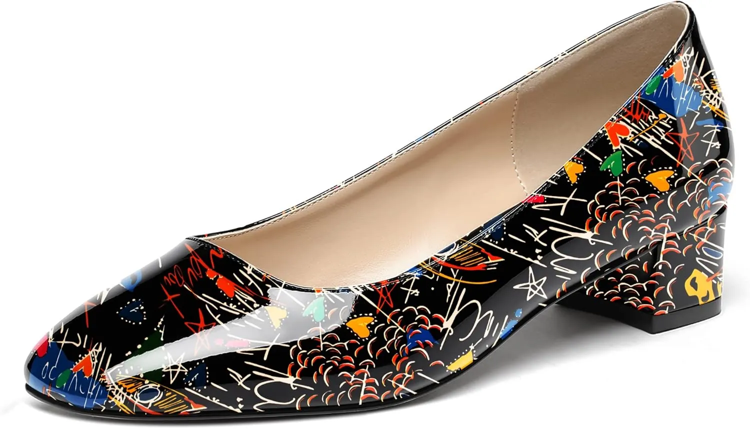 WAYDERNS Women's Square Toe Slip On Patent Chunky Low Heel Pumps Shoes 1.5 Inch