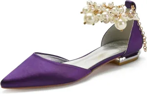 Wedding Bridal Shoes Beaded Ankle Strap Low Heels Women's Pumps Pointed Toe Closed Toe Sandal 2CM High Heels Satin Flats Elegant Formal,Dark purple,8.5