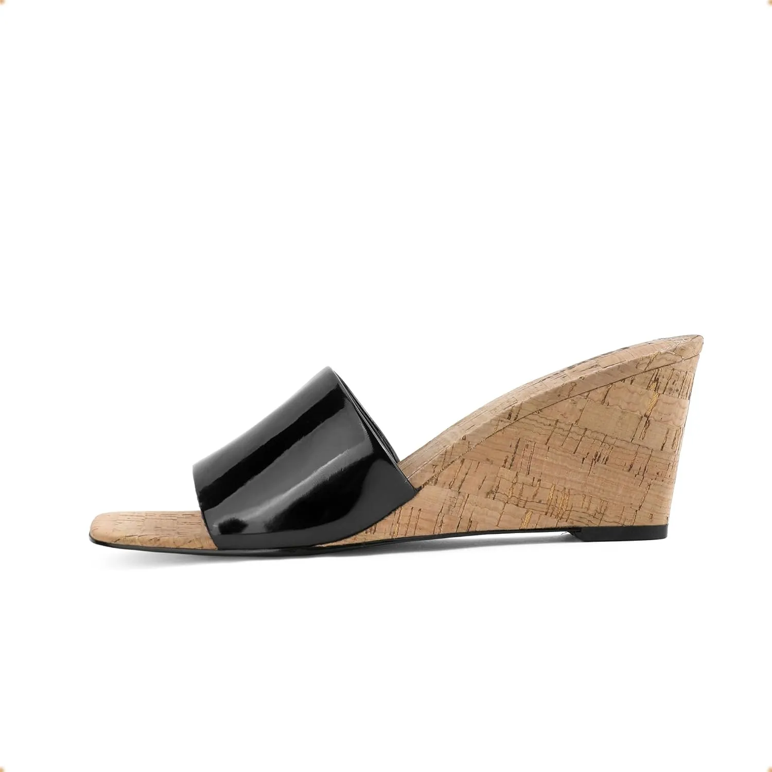Wedge Sandals for Women Open Toe Wedge Heels Womens High Heel Sandal Square Toe Heeled Wedge Sandals Wood Grain Slip on Wedge Mules