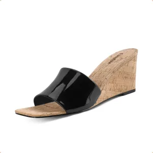 Wedge Sandals for Women Open Toe Wedge Heels Womens High Heel Sandal Square Toe Heeled Wedge Sandals Wood Grain Slip on Wedge Mules