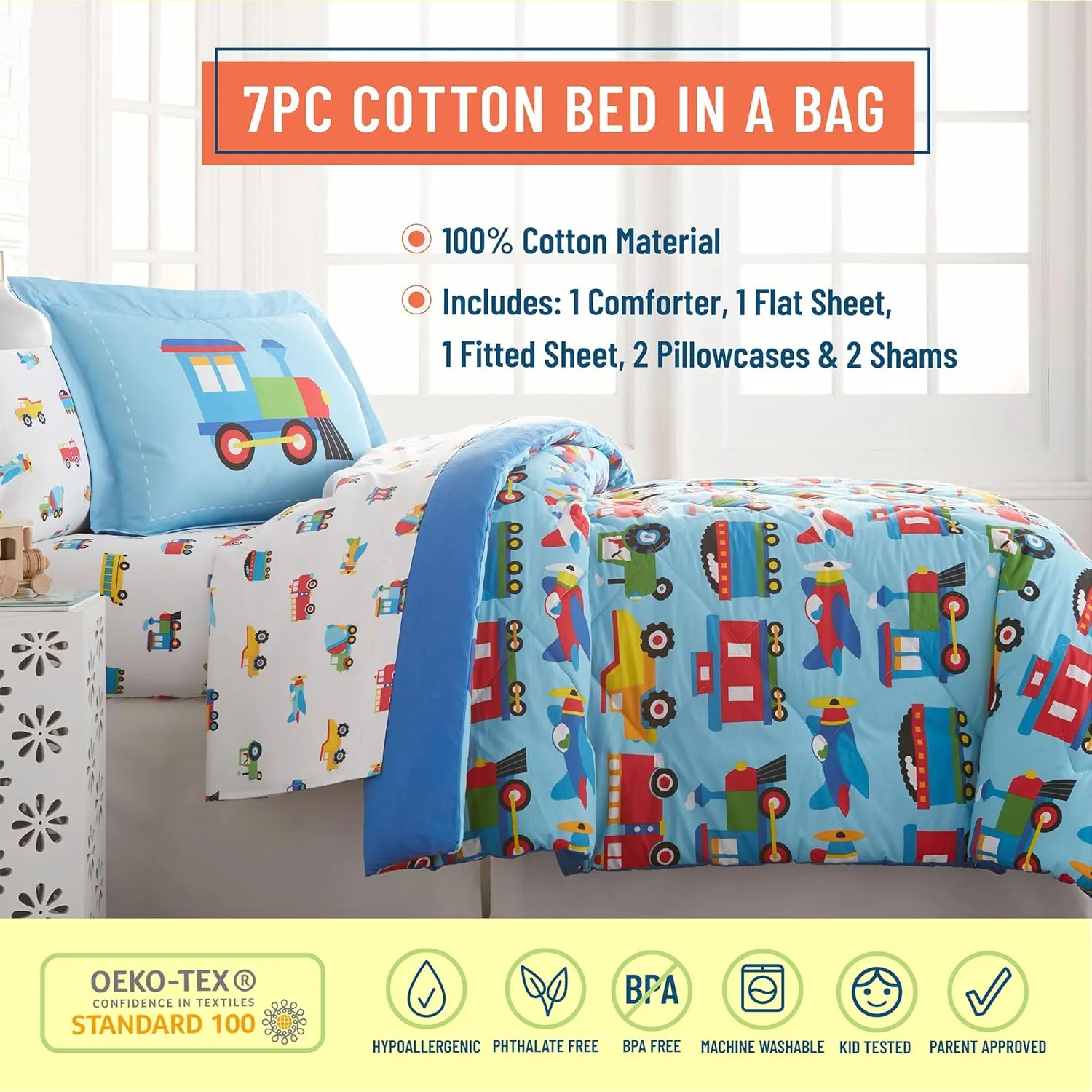 Wildkin 7-Piece Full Bedding Set – 100% Cotton Comforter, Sheets & Pillowcase for Cozy Cuddles - Trains, Planes, and Trucks