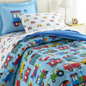 Wildkin 7-Piece Full Bedding Set – 100% Cotton Comforter, Sheets & Pillowcase for Cozy Cuddles - Trains, Planes, and Trucks