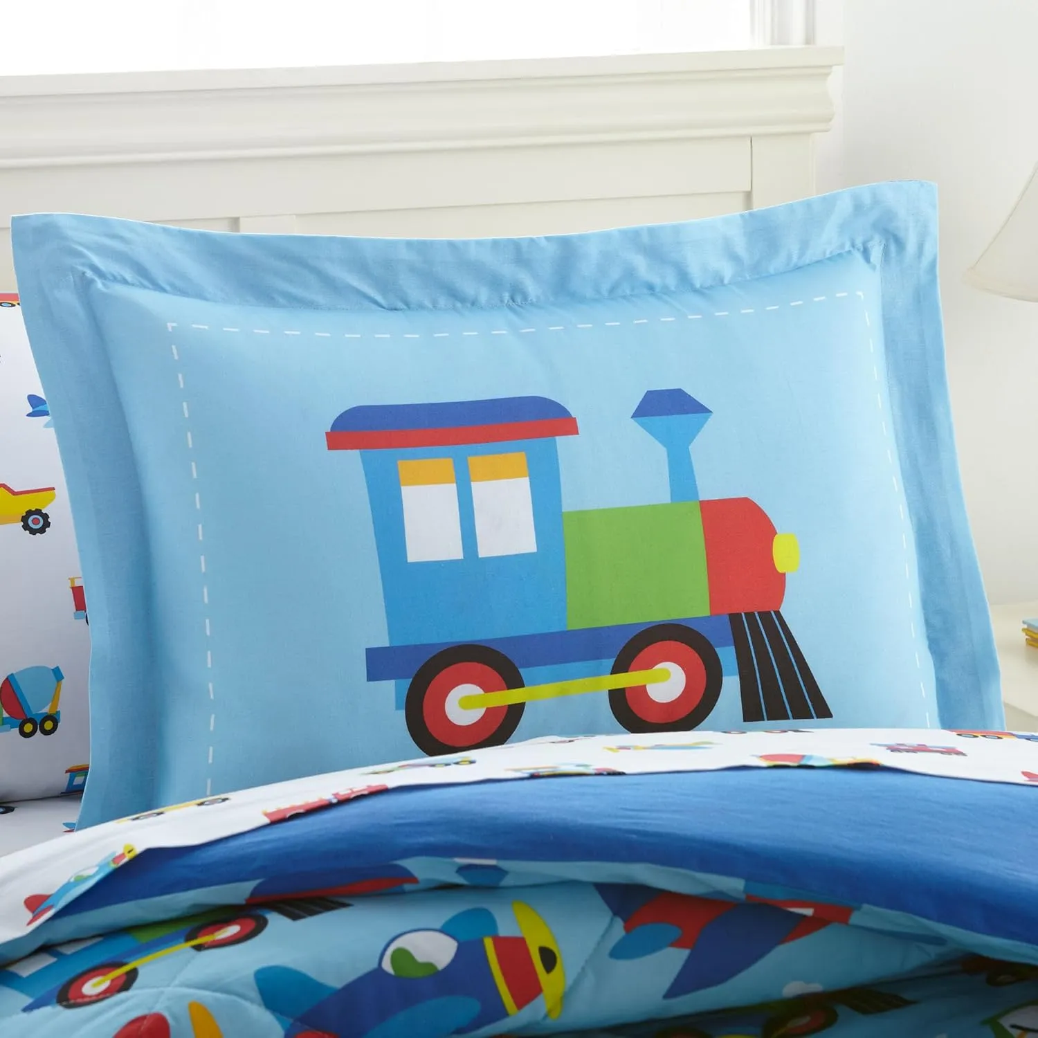 Wildkin 7-Piece Full Bedding Set – 100% Cotton Comforter, Sheets & Pillowcase for Cozy Cuddles - Trains, Planes, and Trucks