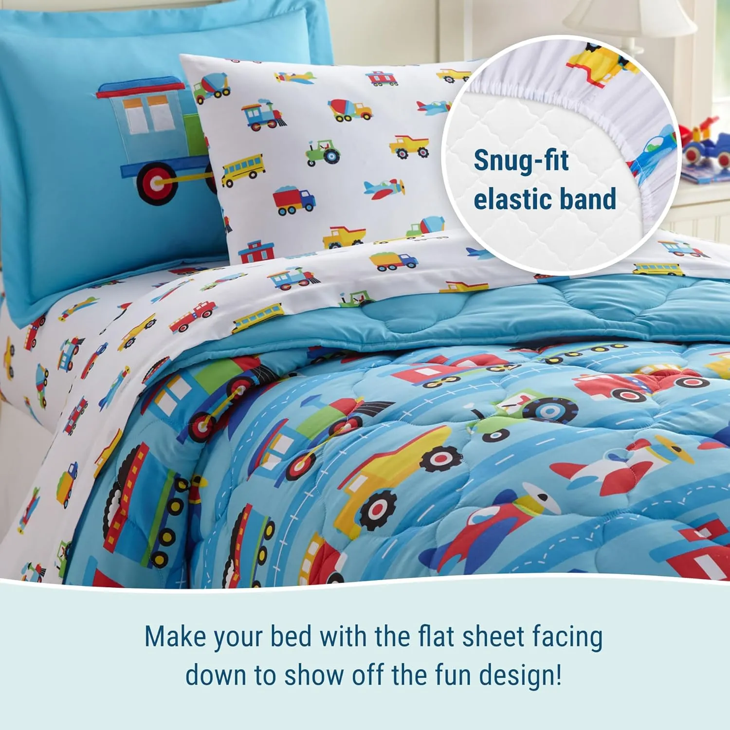 Wildkin Full Bed in a Bag – 7-Piece Microfiber Bedding Set with Comforter, Pillowcase & Sheets - Trains, Planes, and Trucks