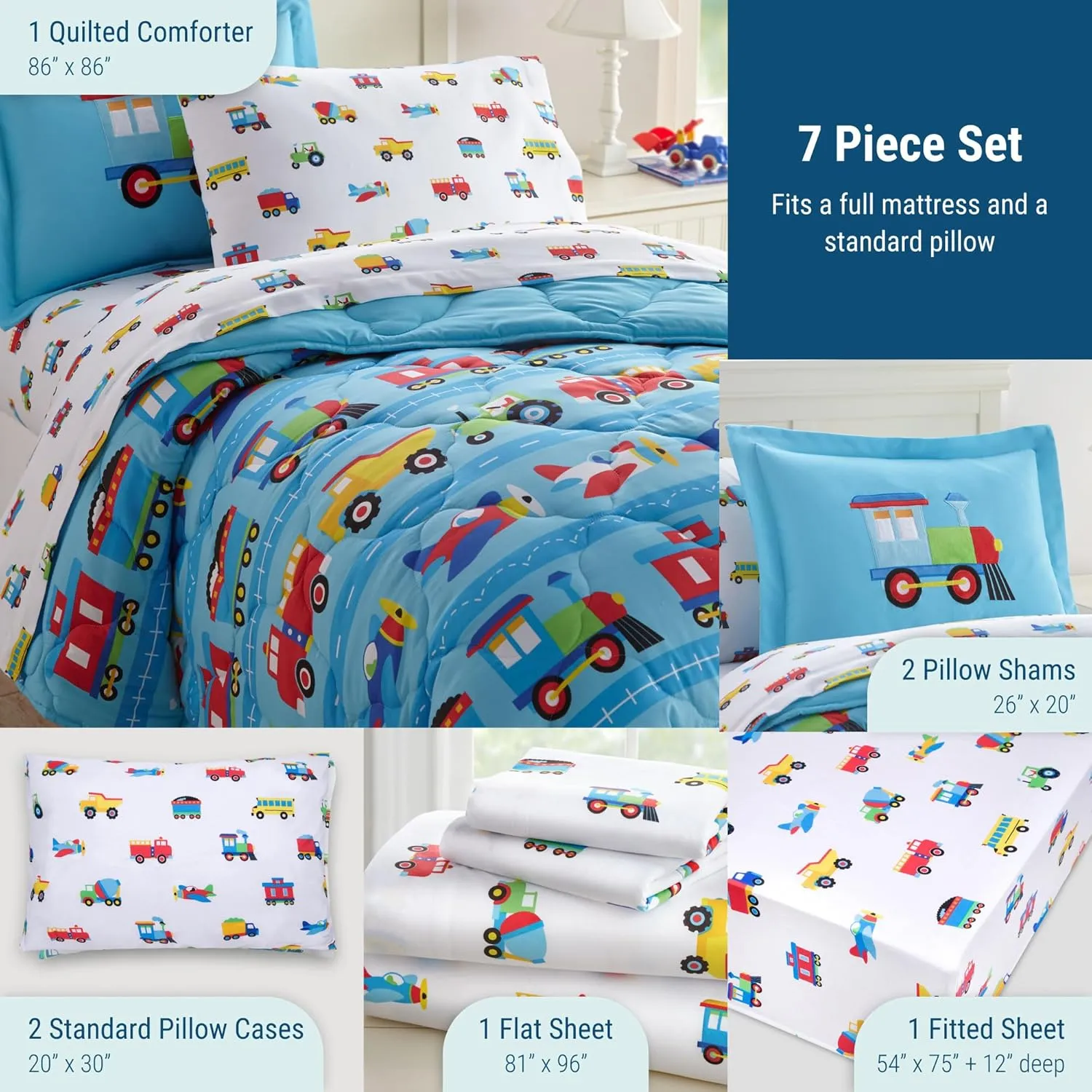 Wildkin Full Bed in a Bag – 7-Piece Microfiber Bedding Set with Comforter, Pillowcase & Sheets - Trains, Planes, and Trucks