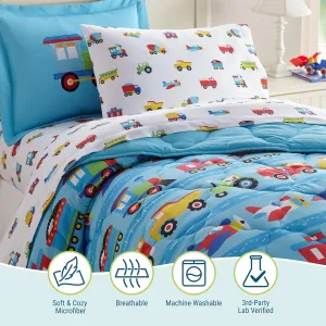 Wildkin Full Bed in a Bag – 7-Piece Microfiber Bedding Set with Comforter, Pillowcase & Sheets - Trains, Planes, and Trucks