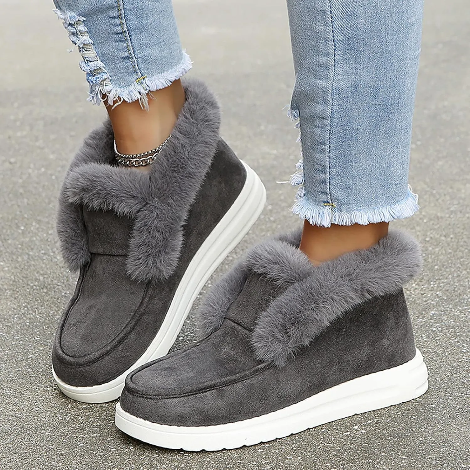 Winter Fur Lined Loafers for Womens Casual Canvas Slip on Soft Lightweight Flats Comfort Elastic Lace up Low Top Boat Shoes