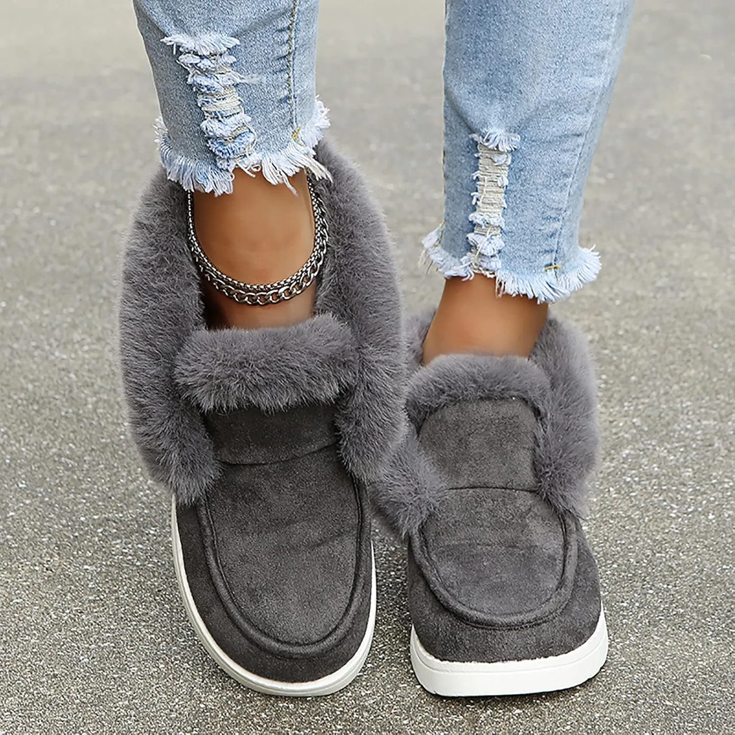 Winter Fur Lined Loafers for Womens Casual Canvas Slip on Soft Lightweight Flats Comfort Elastic Lace up Low Top Boat Shoes