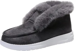 Winter Fur Lined Loafers for Womens Casual Canvas Slip on Soft Lightweight Flats Comfort Elastic Lace up Low Top Boat Shoes